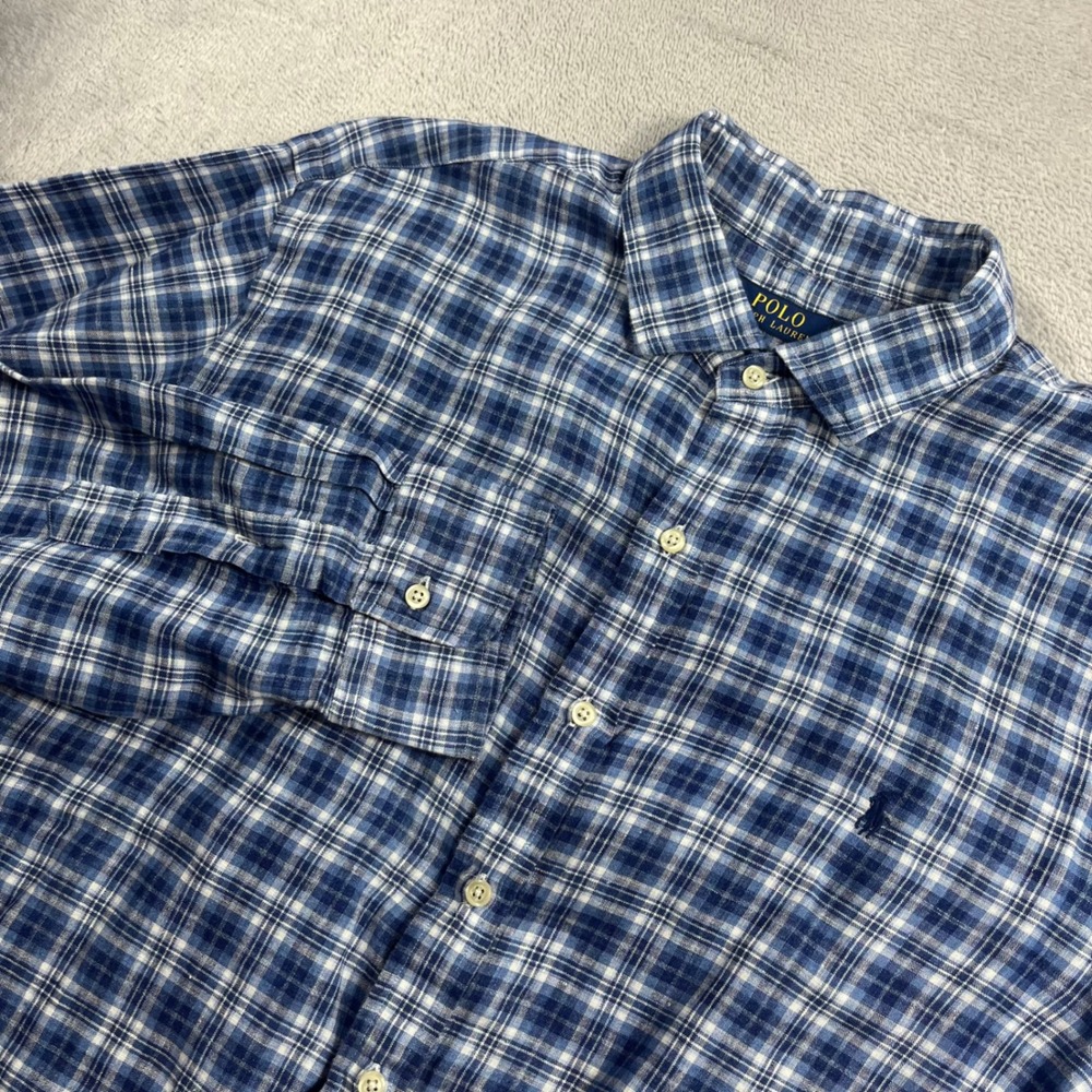 Polo Ralph Lauren Mens XL Blue White Plaid 100% Linen Button Down Shirt LS